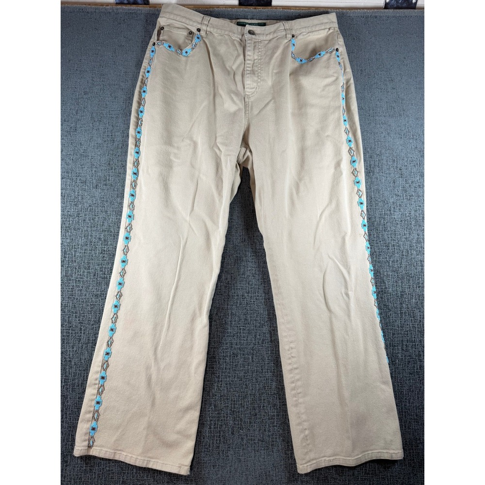Lauren Ralph Lauren Tan Beaded Side Stripe Jeans Womens 16W Turquoise Boho